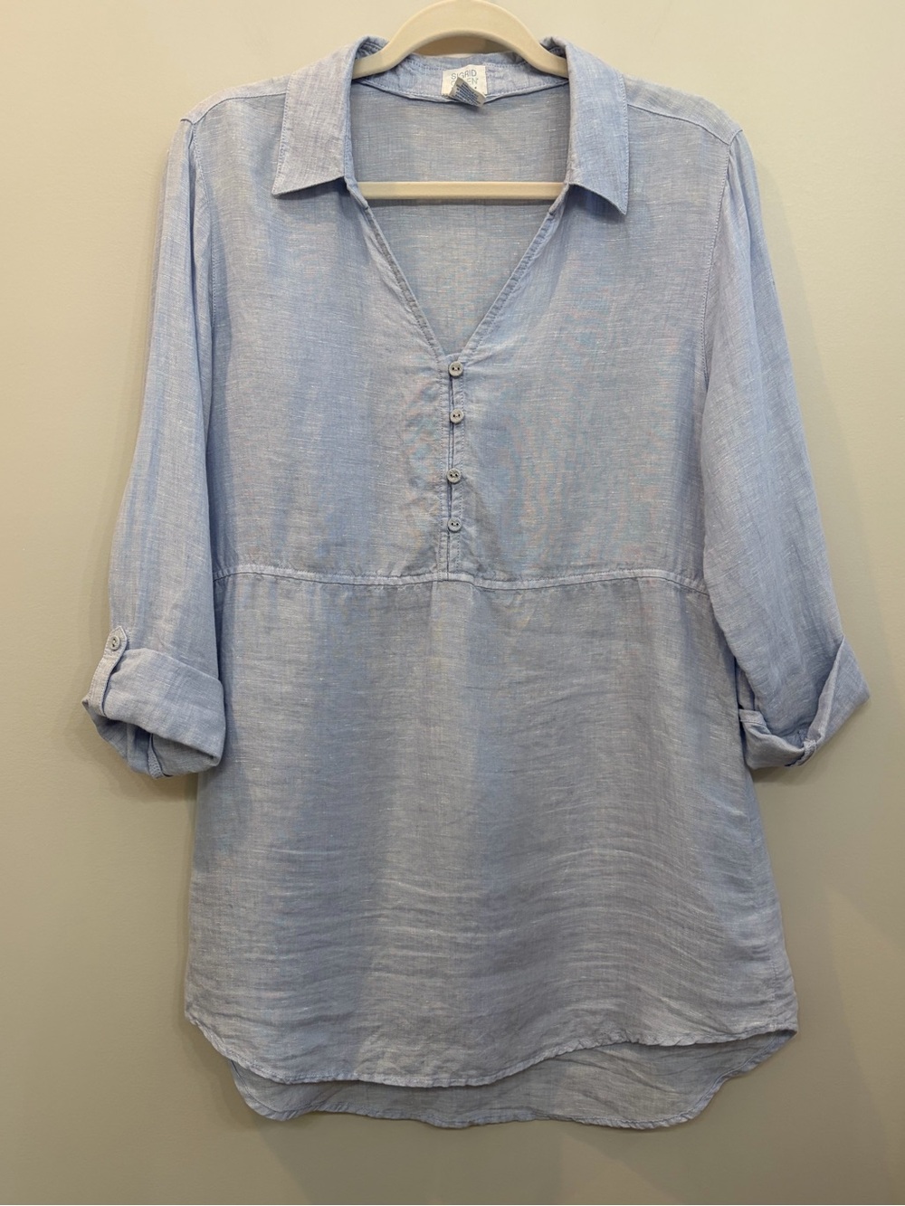 Sigrid Olsen Women's Linen Long Sleeve Tunic Top Blue Roll Tab Sleeves Size M